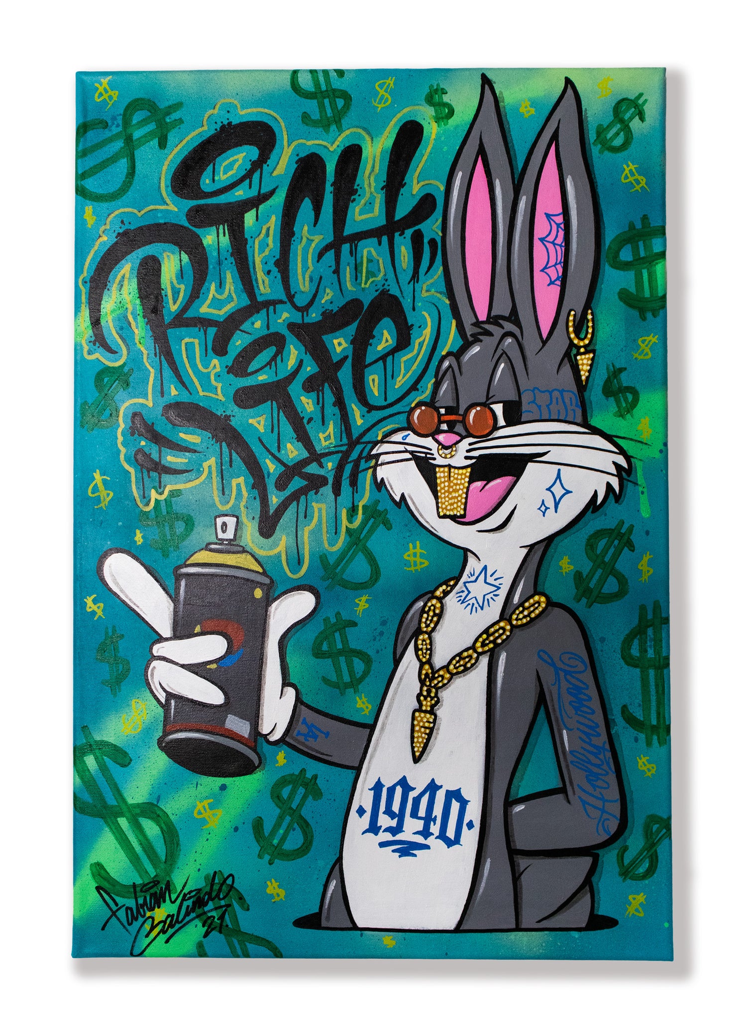 Bugs Bunny Rich Life Acryl + Graffiti von Fabian Galindo Tattoo Künstler 60x40 cm